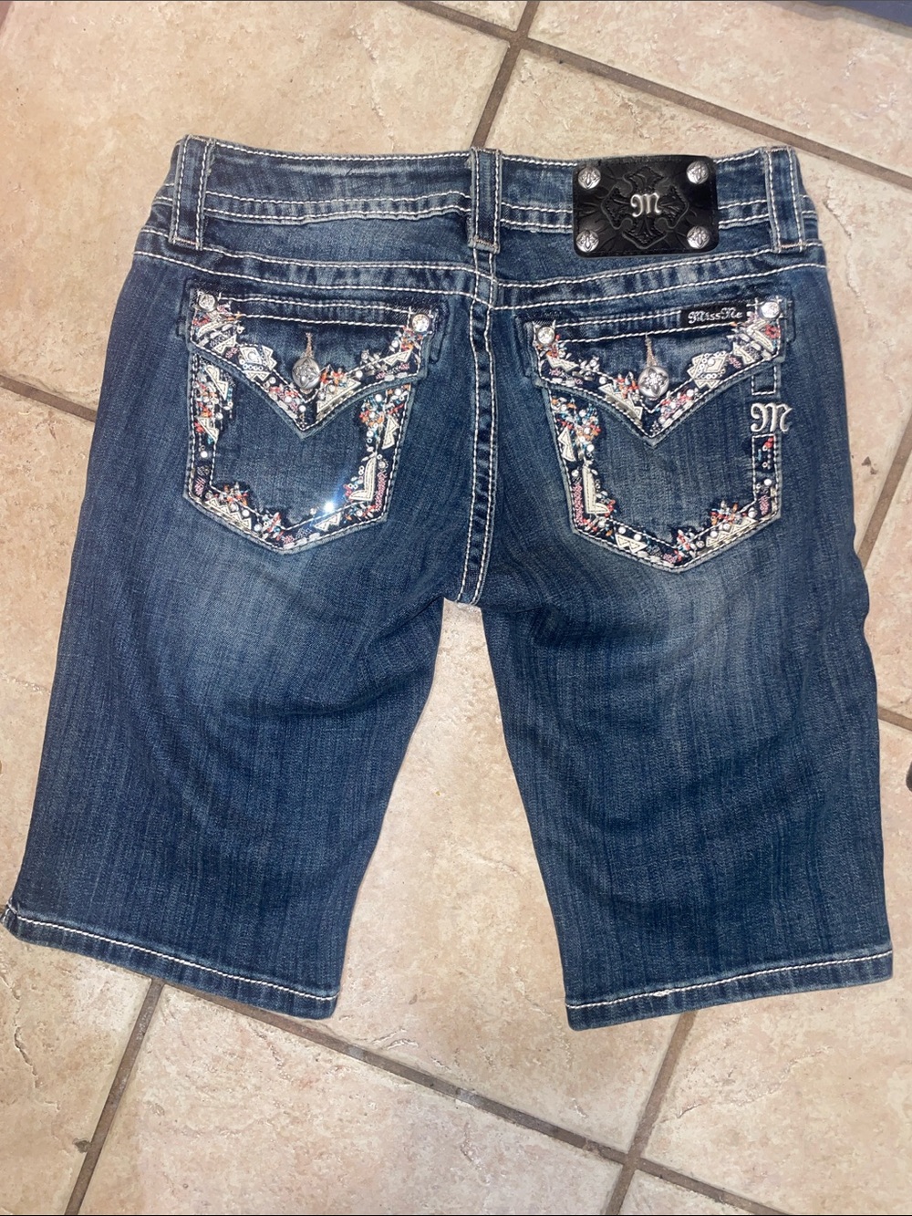 Miss Me Dark Blue Embellished Denim Bermuda Shorts Size 27